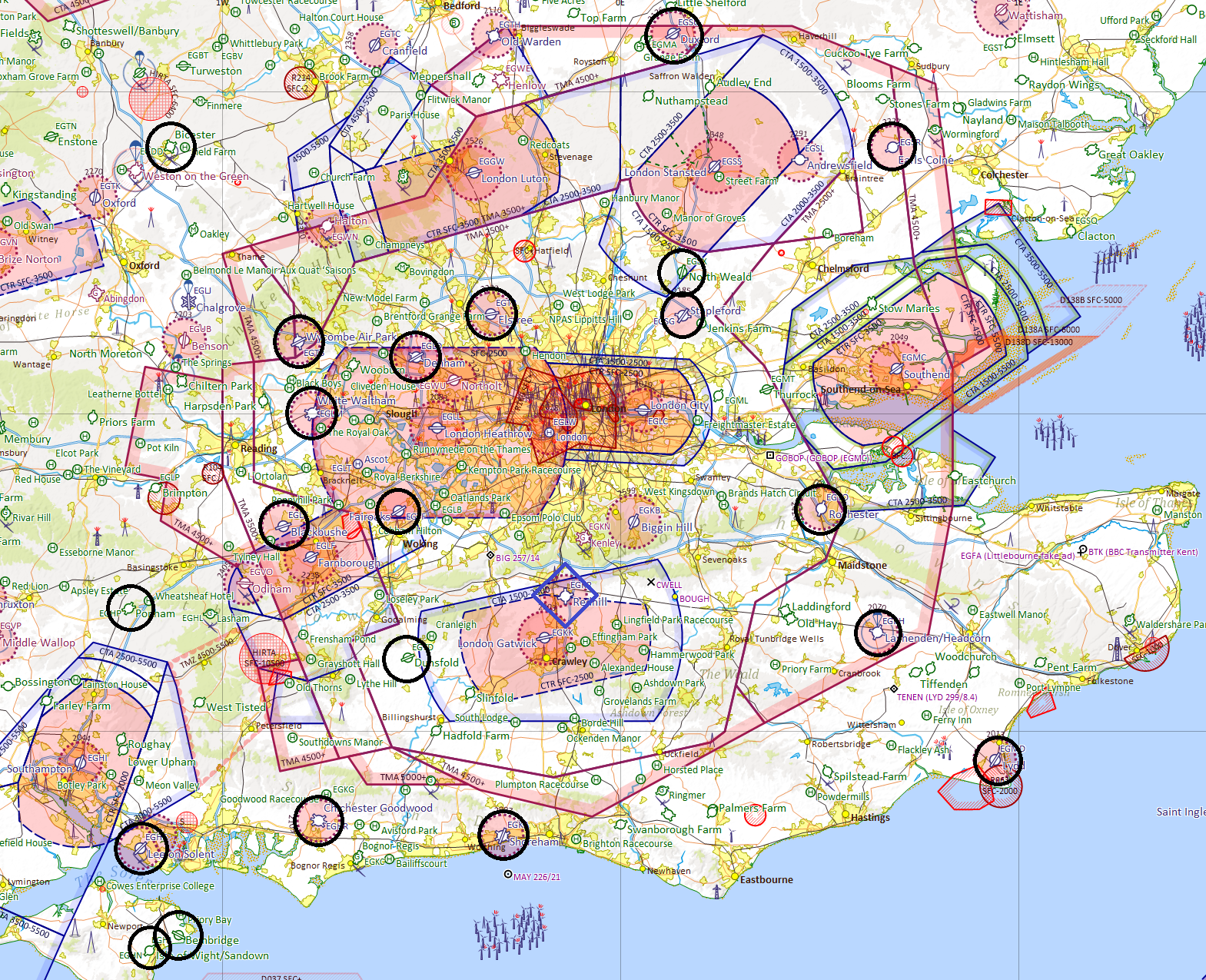 Map of destinations in the south east